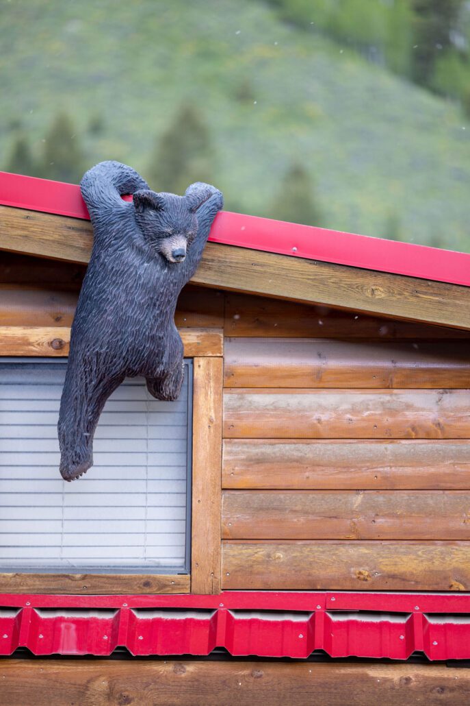 A sculpture of a black bear hanging from the red roof of a log cabin at Snake River Cabins.